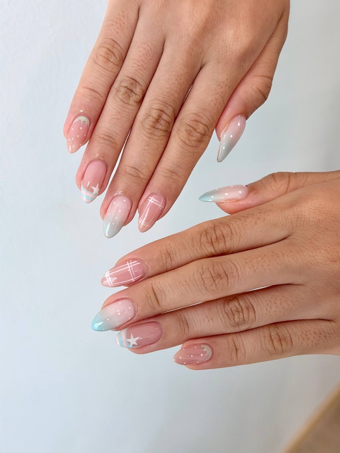 Nude nails with soft baby-blue tips